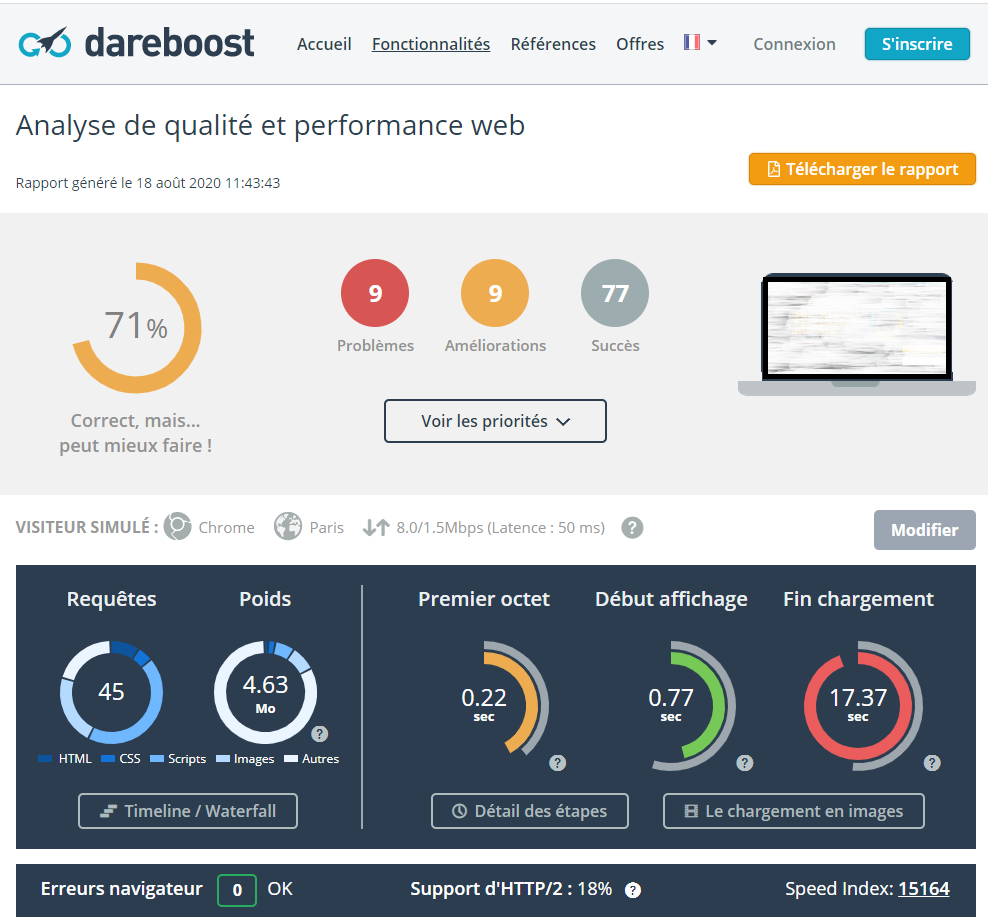 Capture d'écran de l'interface Dareboost pour analyser le temps de chargement des pages