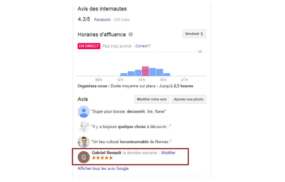 Visualiser mon avis Google My Business sur les Champs Libres