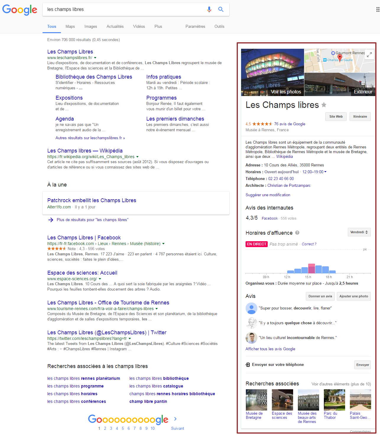 Carte Google My Business des Champs Libres dans les résultats de recherche