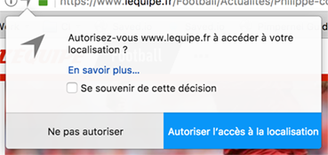 Fenêtre de demande d'accès à la géolocalisation pour le site l'Équipe sur Firefox