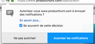 Fenêtre de demande d'autorisation d'envoyer des notifications pour le site Product Hunt sur Chrome