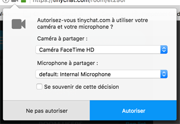 Fenêtre de demande d'accès à la webcam et au microphone par le site Tinychat sur Firefox