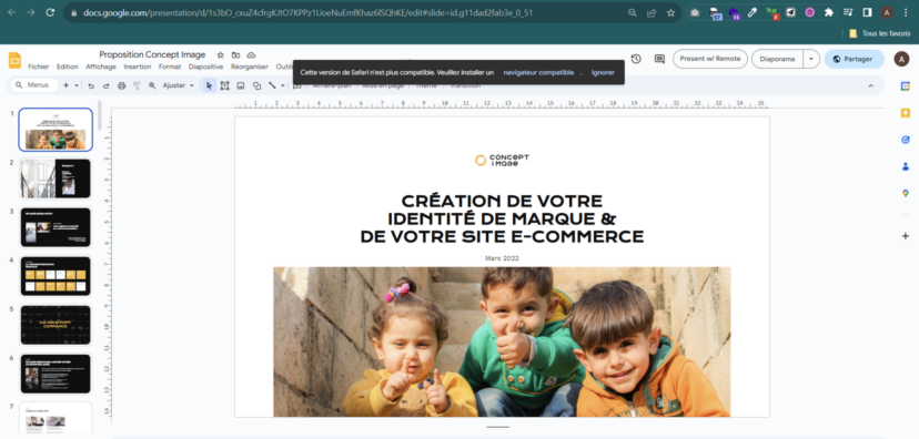 Snackbar invitant l'utilisateur de Google Slides à mettre à jour son navigateur