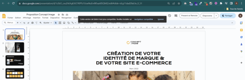 Snackbar invitant l'utilisateur de Google Slides à mettre à jour son navigateur