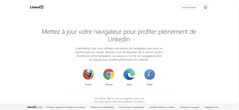 Page incitant les utilisateurs à mettre à jour leur navigateur pour consulter LinkedIn de façon optimale