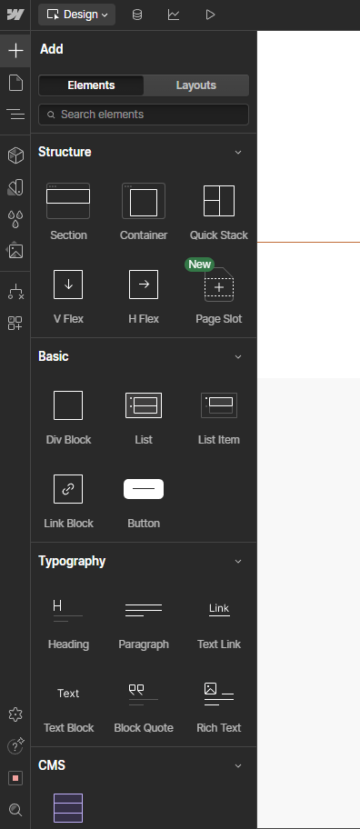 Interface d'administration de Webflow, solution no-code
