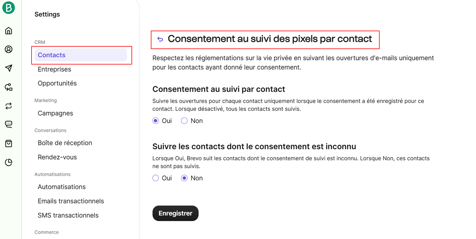 Brevo - param&egrave;trage du consentement au pixel de suivi